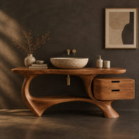 Corner detail of sculpted bathroom vanity with a loop base and a two drawer box beside wood, brass and linen samples