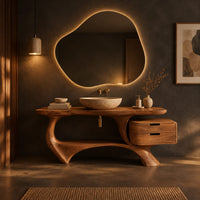 Sculpted bathroom vanity with a loop base and a two drawer box in a dark bathroom at golden hour