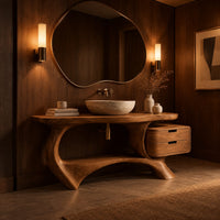 Sculpted bathroom vanity with a loop base and a two drawer box in an evening bathroom with walnut wall paneling