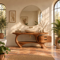 Sculpted bathroom vanity with a loop base and a two drawer box in a bright bathroom with arched windows and plants