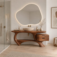 Sculpted bathroom vanity with a loop base and a two drawer box in a Scandinavian bathroom with white walls