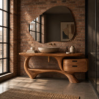 Sculpted bathroom vanity with a loop base and a two drawer box in an industrial loft bathroom with exposed brick