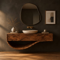 Floating bathroom vanity with a two panel front and sweeping open shelf in a dark studio against a charcoal plaster wall