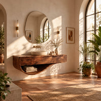 Floating bathroom vanity with a two panel front and sweeping open shelf in a bright bathroom with arched windows and plants