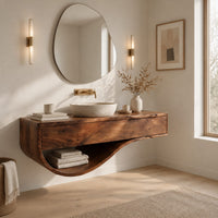Floating bathroom vanity with a two panel front and sweeping open shelf in a Scandinavian bathroom with white walls