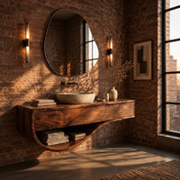 Floating bathroom vanity with a two panel front and sweeping open shelf in an industrial loft bathroom with exposed brick