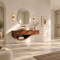 Floating bathroom vanity with a two panel front and sweeping open shelf in a bright open plan bathroom