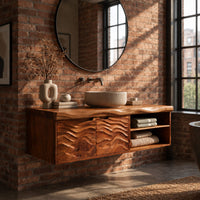 Bathroom vanity with wave carved doors and an open shelf bay in an industrial loft bathroom with exposed brick