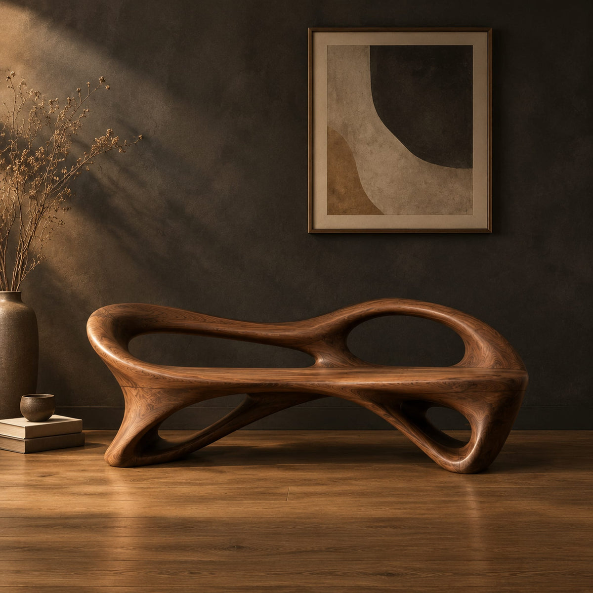 Bench with a flowing frame and large oval openings in a dark studio against a charcoal plaster wall
