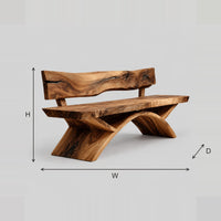 Bench With A Natural Edge Slab Back And Arched Legs dimension diagram with width, height and depth