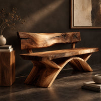 Corner detail of bench with a natural edge slab back and angled arched legs beside wood, brass and linen samples