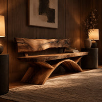 Bench with a natural edge slab back and angled arched legs in an evening entryway with walnut wall paneling
