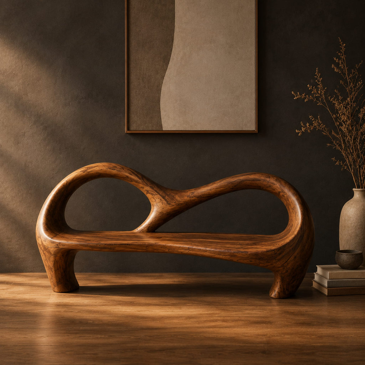 Bench with an open looping backrest and sculpted legs in a dark studio against a charcoal plaster wall