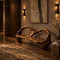 Bench with an open looping backrest and sculpted legs in an evening entryway with walnut wall paneling