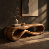 Low wood bench shaped as a figure eight loop with a smooth top, three-quarter view showing the grain