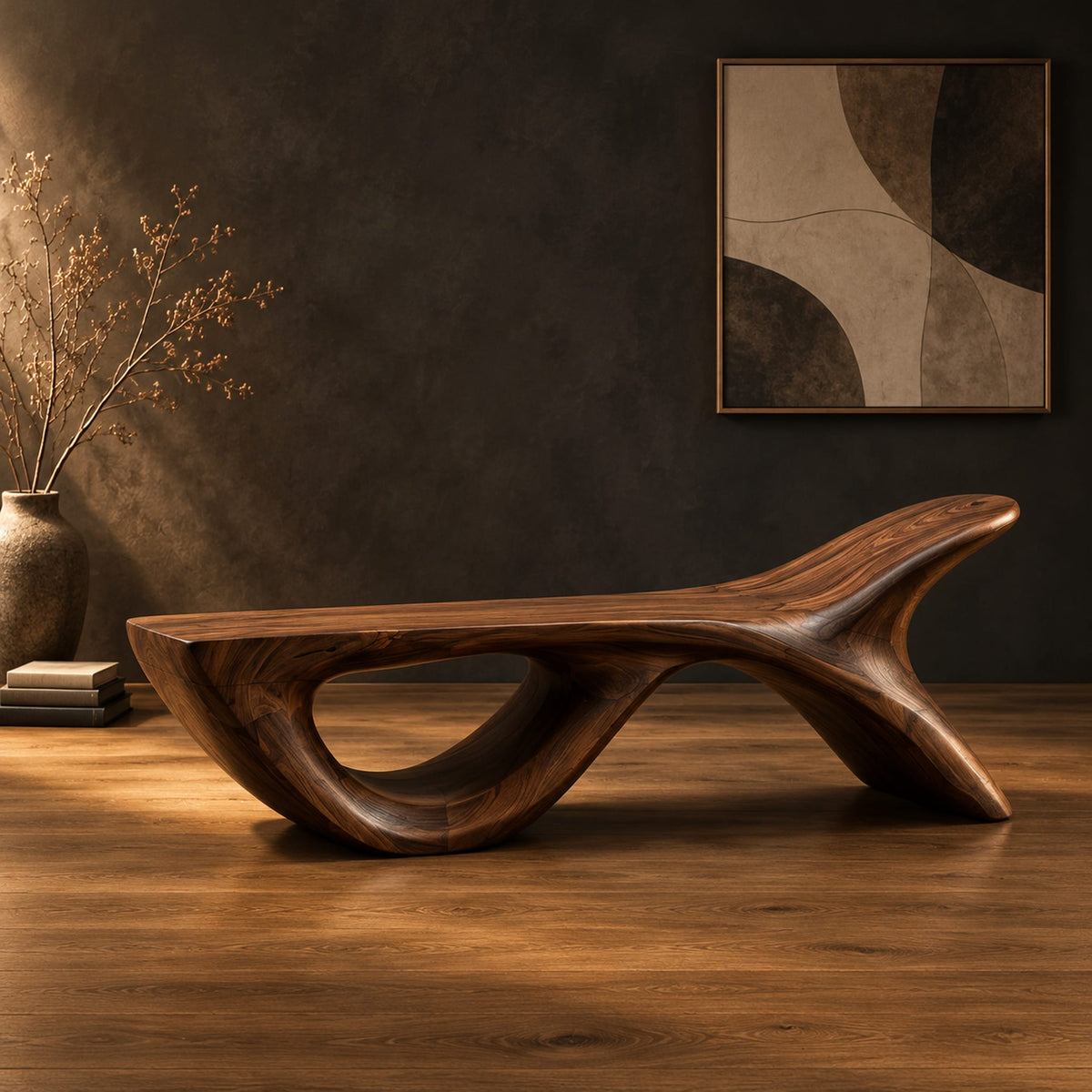 Bench with a fish tail upsweep and a large open arch in a dark studio against a charcoal plaster wall