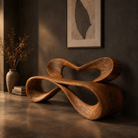Bench with a heart shaped open back and a folded ribbon seat, three-quarter view showing the grain