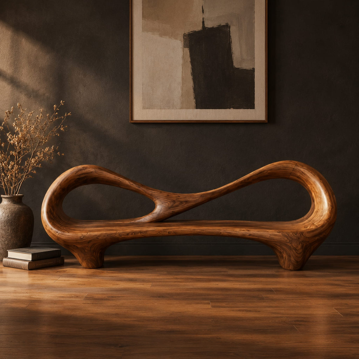 Bench with an open loop backrest and sculpted feet in a dark studio against a charcoal plaster wall