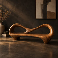 Bench with an open loop backrest and sculpted feet, three-quarter view showing the grain