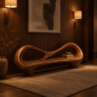 Bench with an open loop backrest and sculpted feet in an evening entryway with walnut wall paneling