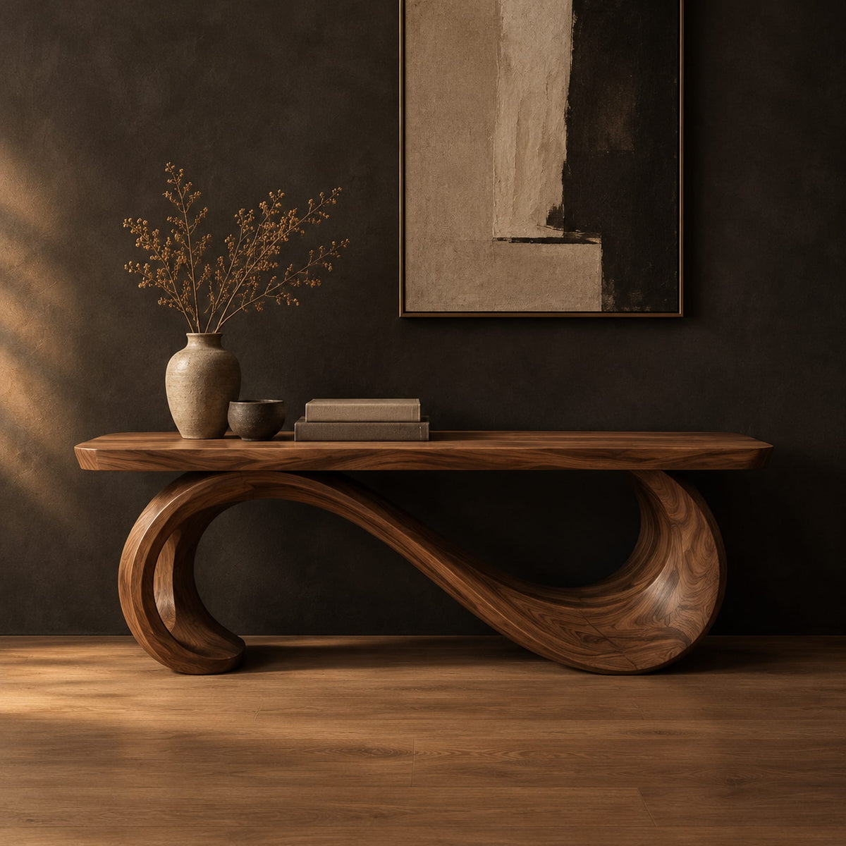 Bench with a plank seat on an s shaped scroll base in a dark studio against a charcoal plaster wall