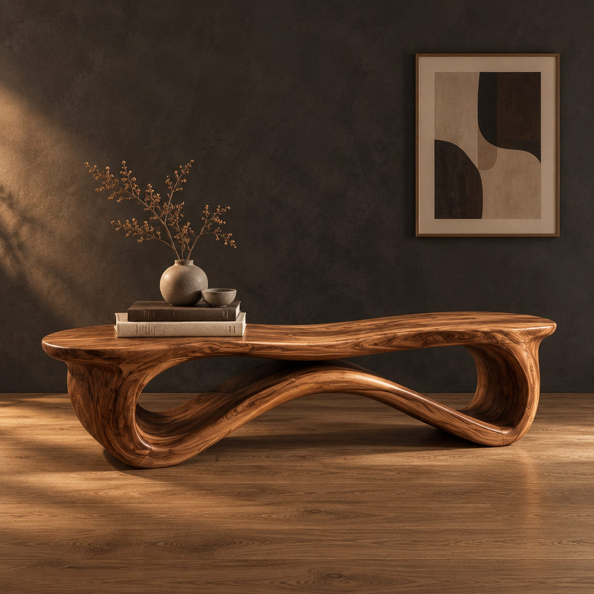 Low wood bench with a wavy slab top on an open ribbon loop base in a dark studio against a charcoal plaster wall