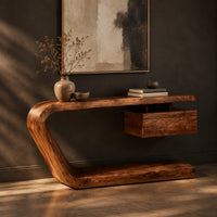 Console table with a bent slab frame and a floating box under the top, three-quarter view showing the grain