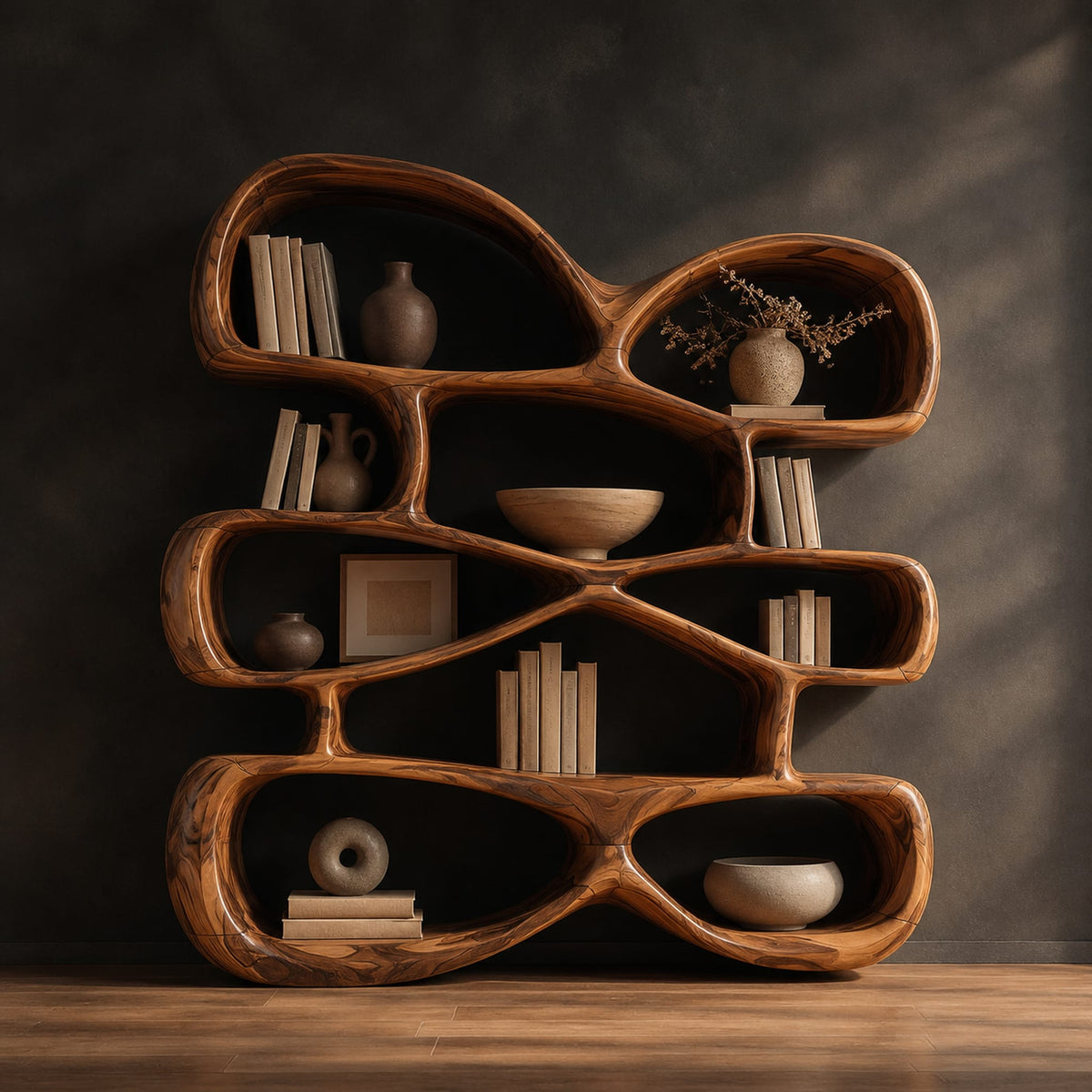 Bookshelf of stacked pebble shaped open cubbies with thick wooden walls in a dark studio against a charcoal plaster wall