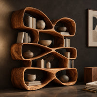 Corner detail of bookshelf of stacked pebble shaped open cubbies with thick wooden walls beside wood, brass and linen samples