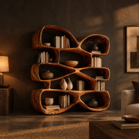 Bookshelf of stacked pebble shaped open cubbies with thick wooden walls in a dark living room at golden hour