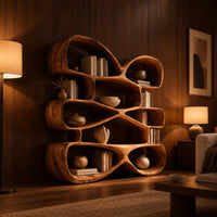 Bookshelf of stacked pebble shaped open cubbies with thick wooden walls in an evening living room with walnut wall paneling