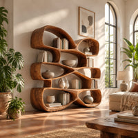 Bookshelf of stacked pebble shaped open cubbies with thick wooden walls in a bright living room with arched windows and plants