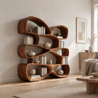 Bookshelf of stacked pebble shaped open cubbies with thick wooden walls in a Scandinavian living room with white walls