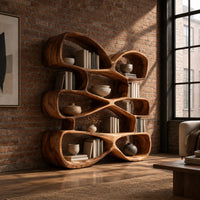 Bookshelf of stacked pebble shaped open cubbies with thick wooden walls in an industrial loft living room with exposed brick