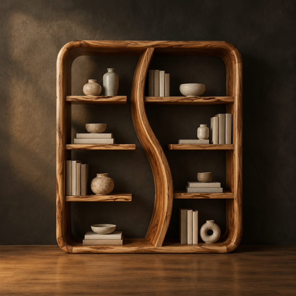 Bookshelf with a wavy s shaped divider and staggered shelves in a dark studio against a charcoal plaster wall