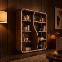 Bookshelf with a wavy s shaped divider and staggered shelves in an evening living room with walnut wall paneling