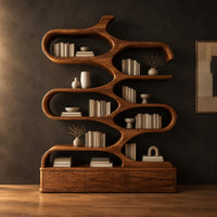 Branching bookshelf with open cells and a low plinth base in a dark studio against a charcoal plaster wall