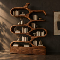 Branching bookshelf with open cells and a low plinth base, three-quarter view showing the grain