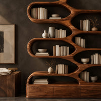 Corner detail of branching bookshelf with open cells and a low plinth base beside wood, brass and linen samples