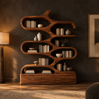Branching bookshelf with open cells and a low plinth base in a dark living room at golden hour
