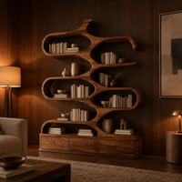 Branching bookshelf with open cells and a low plinth base in an evening living room with walnut wall paneling