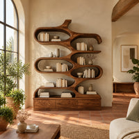 Branching bookshelf with open cells and a low plinth base in a bright living room with arched windows and plants