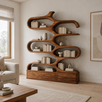 Branching bookshelf with open cells and a low plinth base in a Scandinavian living room with white walls