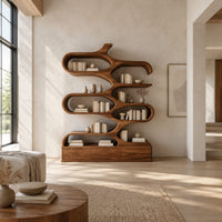 Branching bookshelf with open cells and a low plinth base in a bright open plan living room