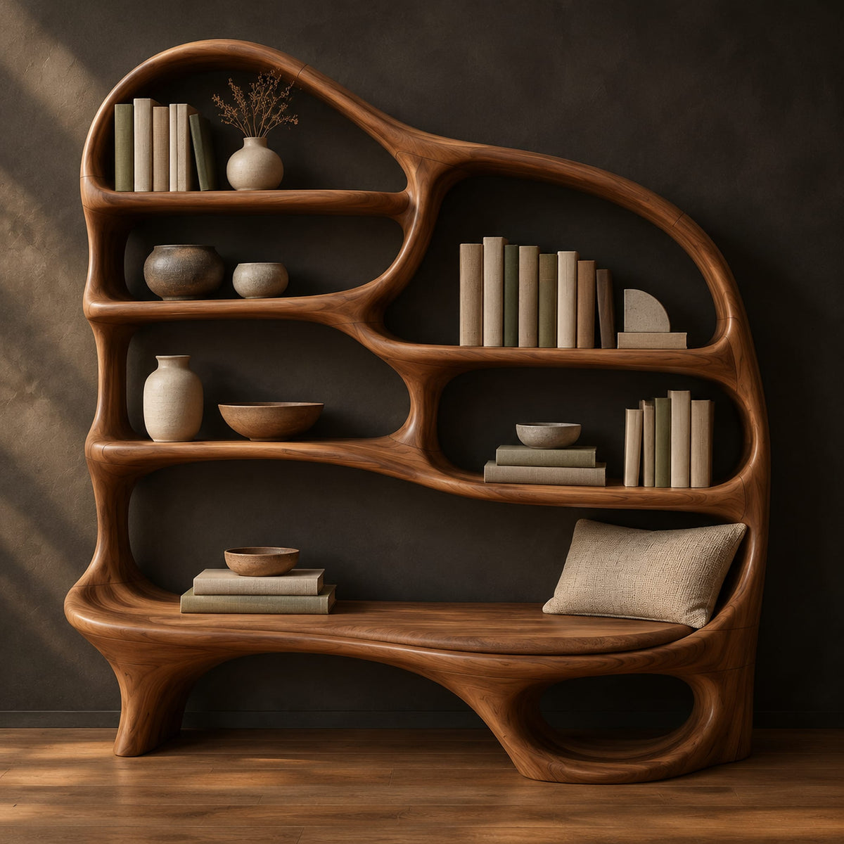 Bookshelf with wavy open shelves and a low reading seat at the base in a dark studio against a charcoal plaster wall