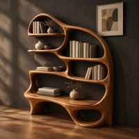 Bookshelf with wavy open shelves and a low reading seat at the base, three-quarter view showing the grain