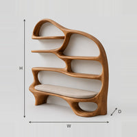 Bookshelf With Flowing Open Shelves And Low Reading Seat dimension diagram with width, height and depth