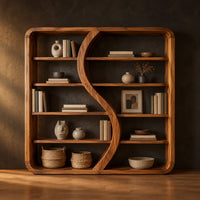Bookshelf with a flowing s shaped divider and a softly shaped frame in a dark studio against a charcoal plaster wall