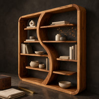 Corner detail of bookshelf with a flowing s shaped divider and a softly shaped frame beside wood, brass and linen samples