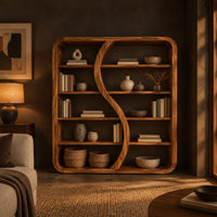 Bookshelf with a flowing s shaped divider and a softly shaped frame in a dark living room at golden hour